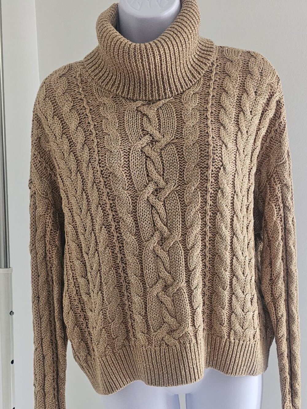 LRL Lauren Ralph Lauren Turtleneck Cable Knit Glitter Gold Sweater Holiday Siz